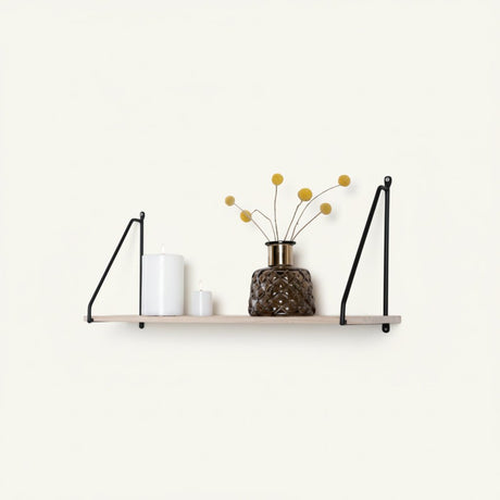 Arnhem vegghylle i tre med sort metallramme 65x17 cm, nordisk design til stue og gang"