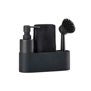 Zone Denmark Singles oppvasksett sort med keramisk dispenser, børste og klut isolert på hvit bakgrunn