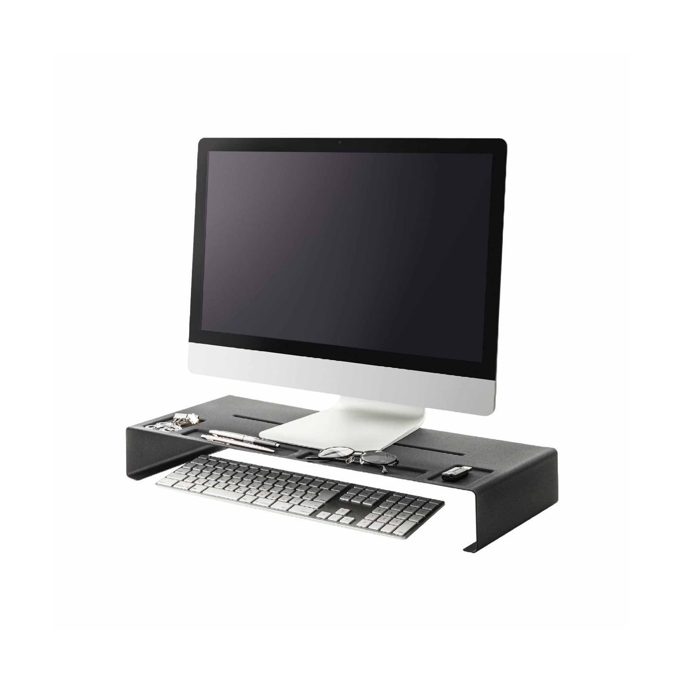 Sort skjermstativ i stål for skrivebord isolert produktbilde