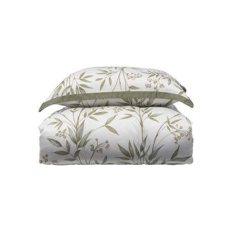 Nærbilde av Halvor Bakke sengesett med grønn kant og bladverk