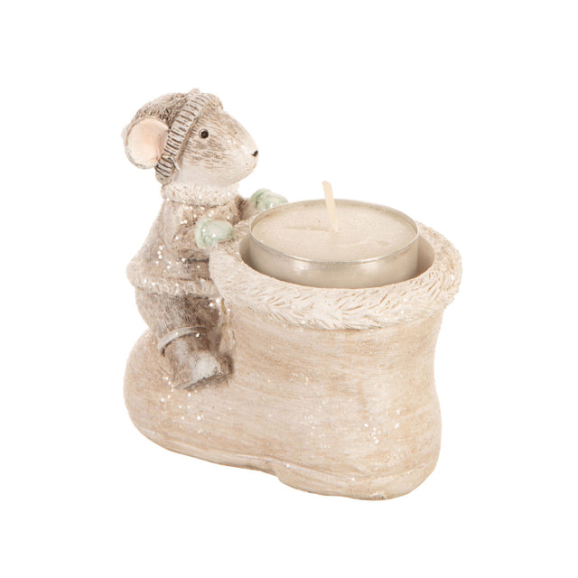 Dekorativ telysholder i form av en grå mus ved en sko, laget i polyresin, 9x6x8 cm – med plass til ett telys.