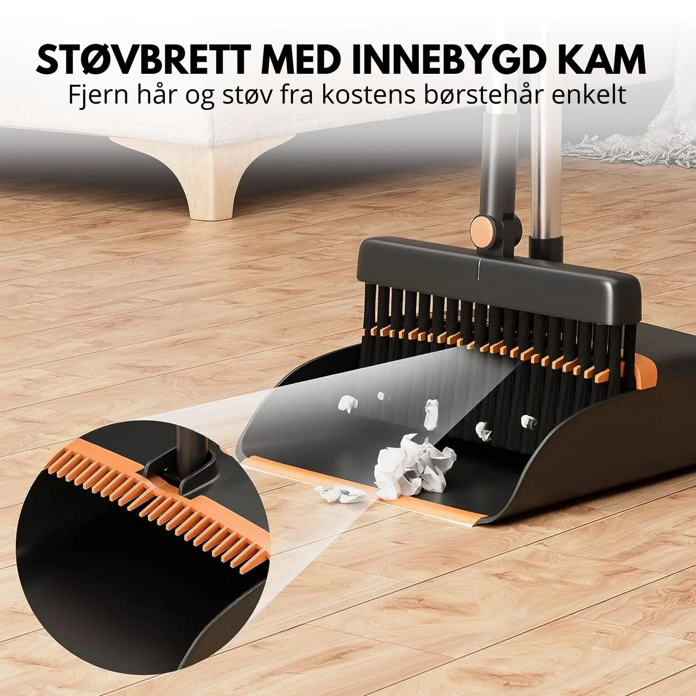 Kost og støvbrett, med støvfanger