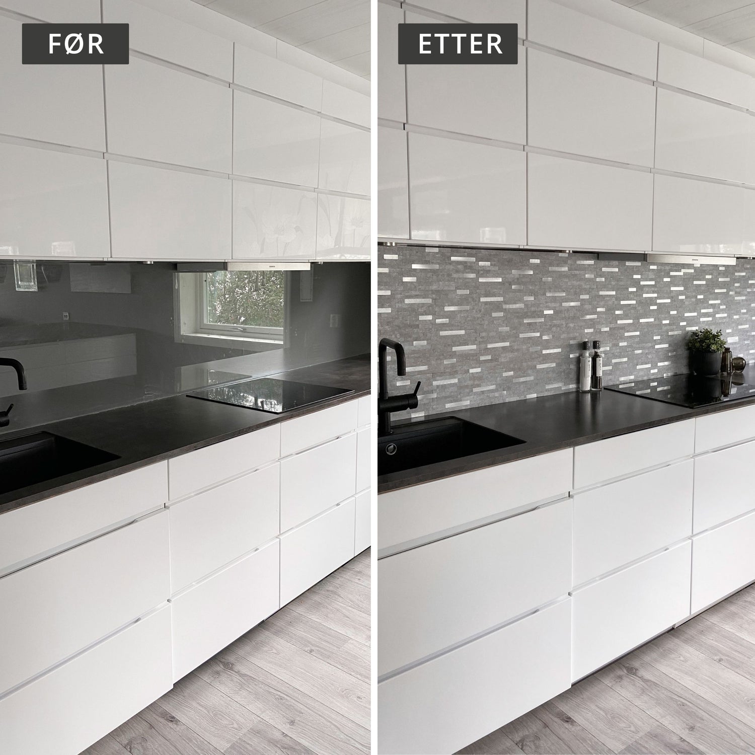Før og etter av Stein lys grå selvklebende fliser på kjøkkenvegg.