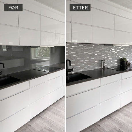 Før og etter av Stein lys grå selvklebende fliser på kjøkkenvegg.