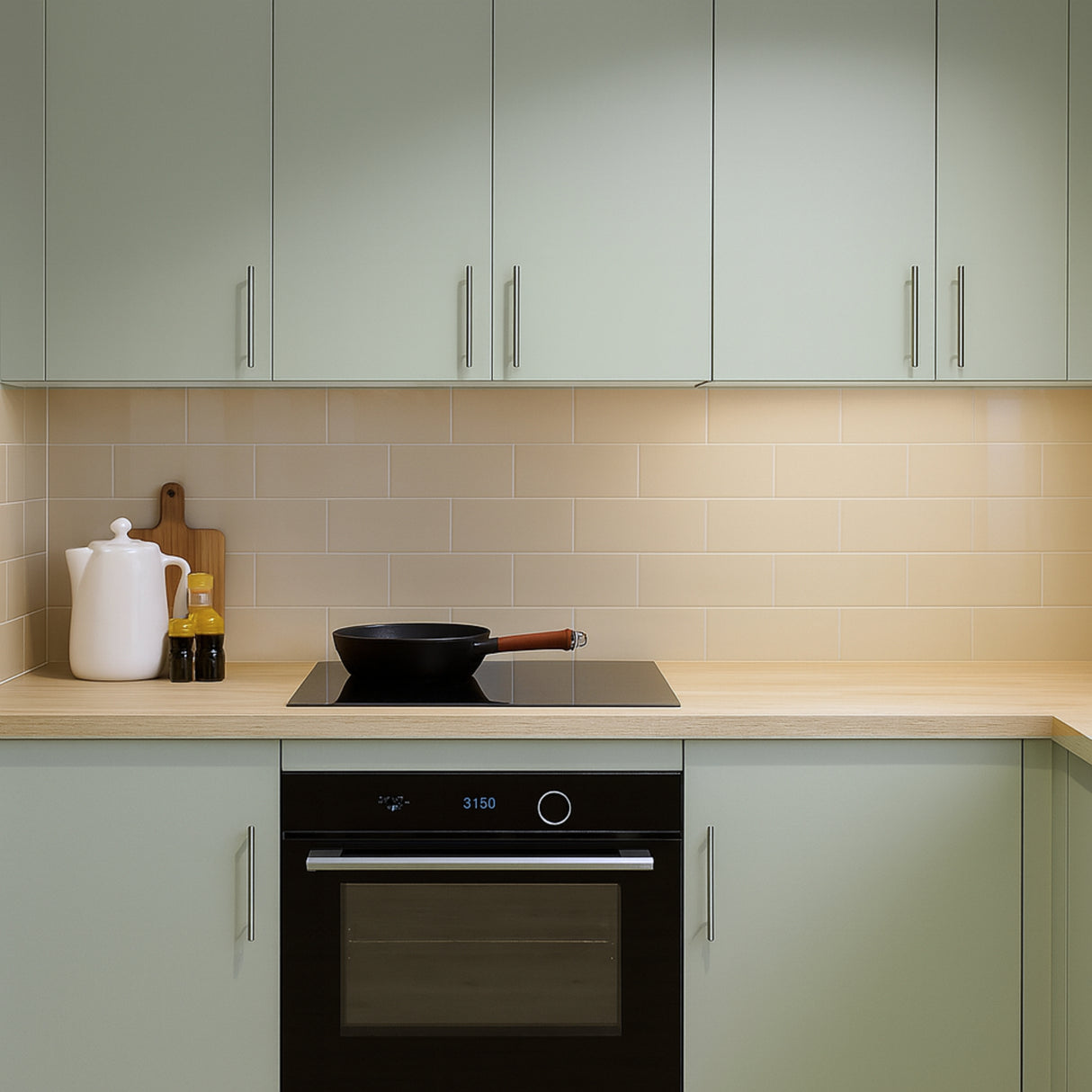 Moderne nordisk kjøkken med slette skapfronter i salviegrønn farge, høyglans beige subway-fliser 30x10 cm med tynn hvit fug, lys benkeplate i eikelook, sølvhåndtak og enkel pynt med  kjøkkenutstyr.