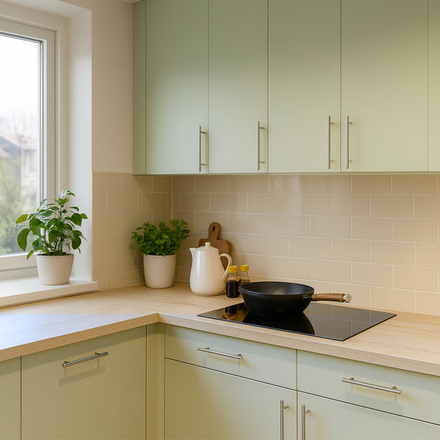 Moderne kjøkken i nordisk stil med slette salviegrønne skapfronter, lys eikelook benkeplate, beige subway-fliser med tynn hvit fug og sølvhåndtak. Pyntet med grønne planter, hvit kanne og stekepanne i naturlig lys ved vinduet.