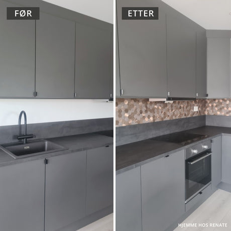 Før og etter: moderne hexagon veggfliser med metallisk effekt gi rommet en helt ny følelse. 