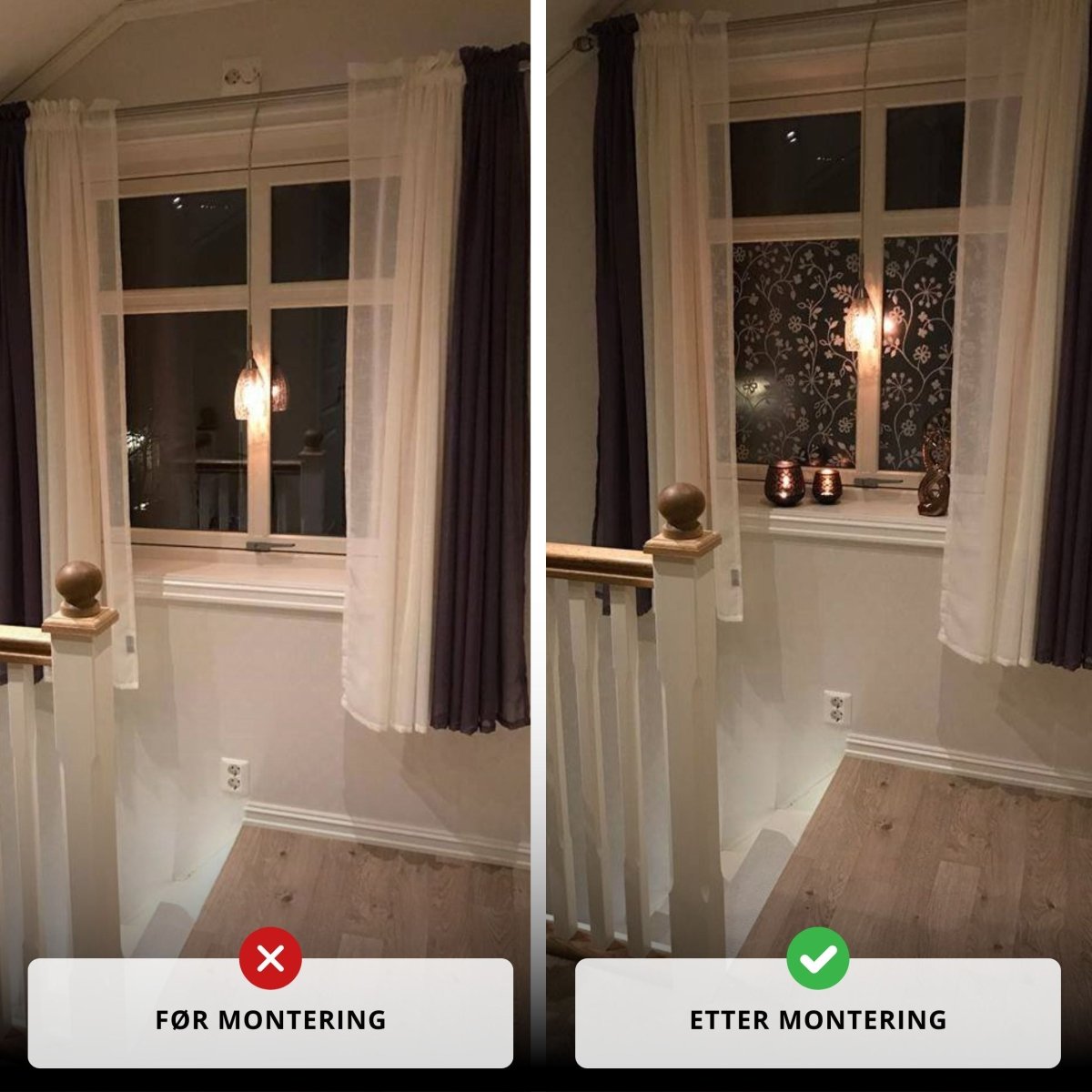Innsynsskjermende vindusfilm med floral design montert på vindu i bolig.