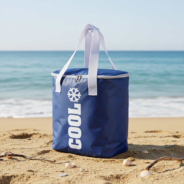 Blå kjølebag med hvite håndtak og glidelås sett fra siden, perfekt til strandtur.