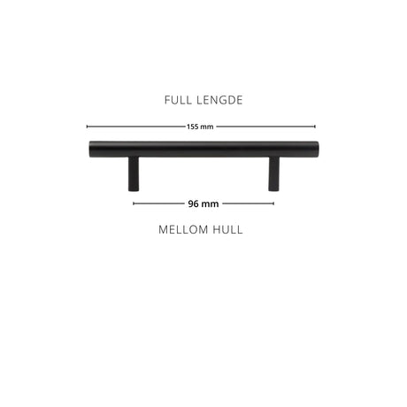 Teknisk tegning med målskisse av Madrid håndtak i sort matt. Viser lengde og dimensjoner.