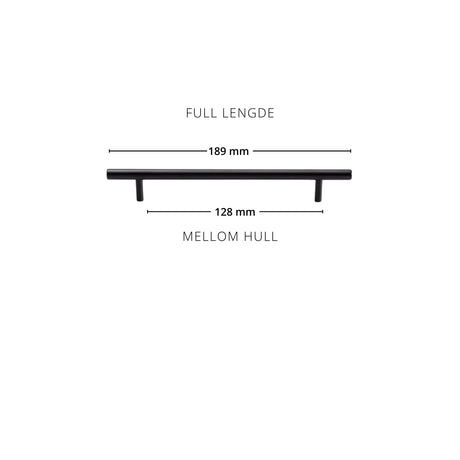 Illustrasjon med målskisse for Madrid håndtak sort matt. Viser nøyaktige størrelser for montering.