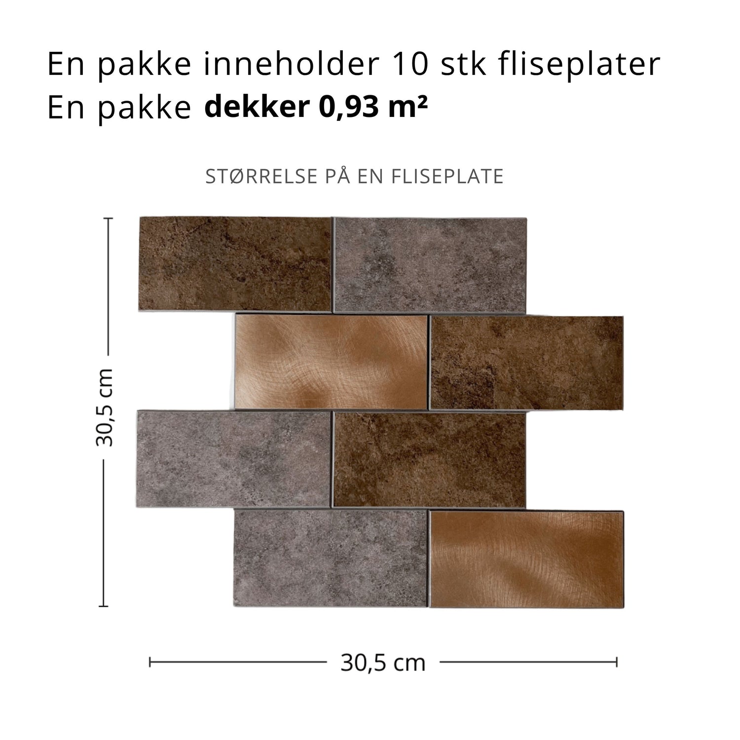 Bente subway selvklebende veggfliser imiterer fliser i jordtoner med innslag av metall. Populær til fornyelse av kjøkkenet