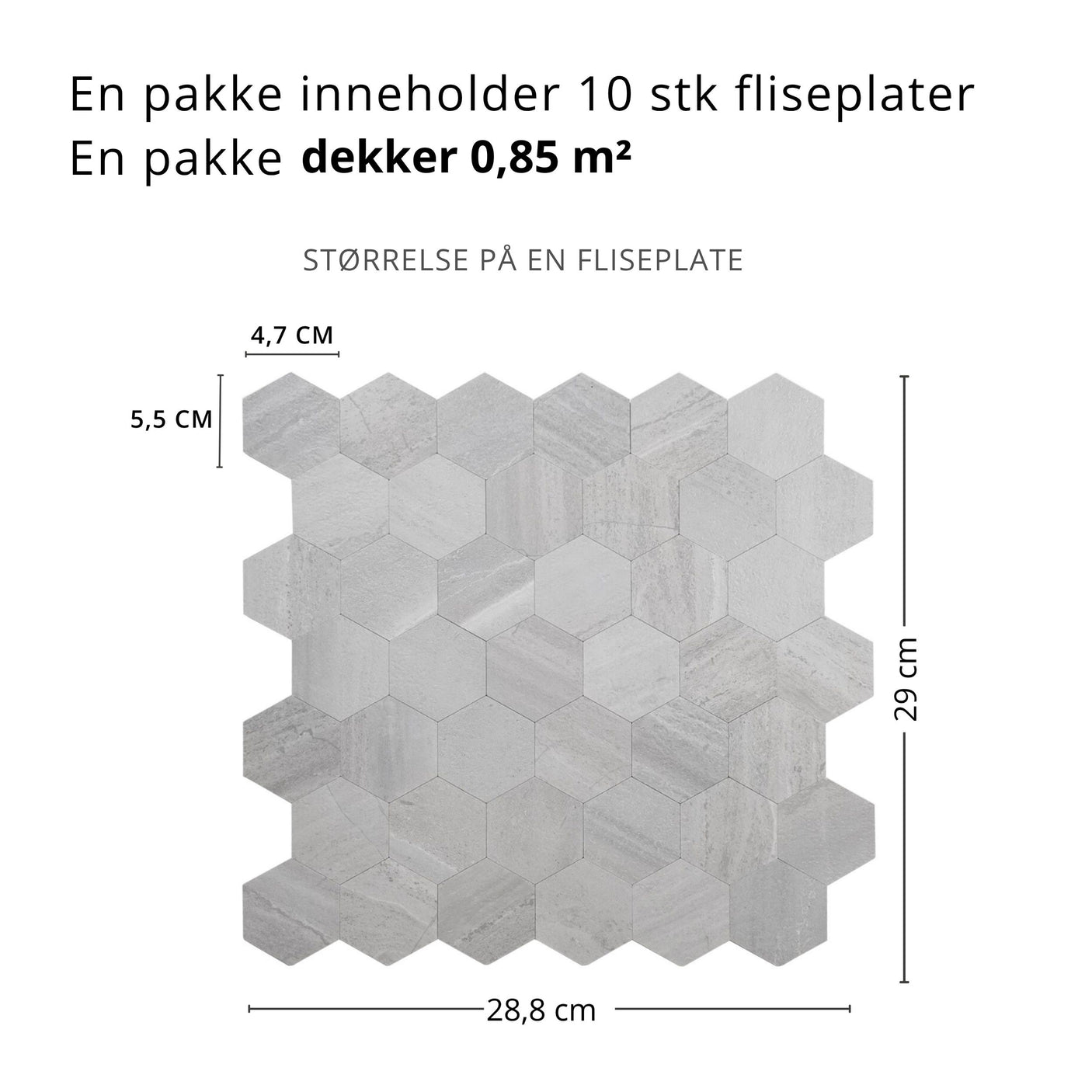 10-pk Hexagon lysegrå betong selvklebende veggfliser