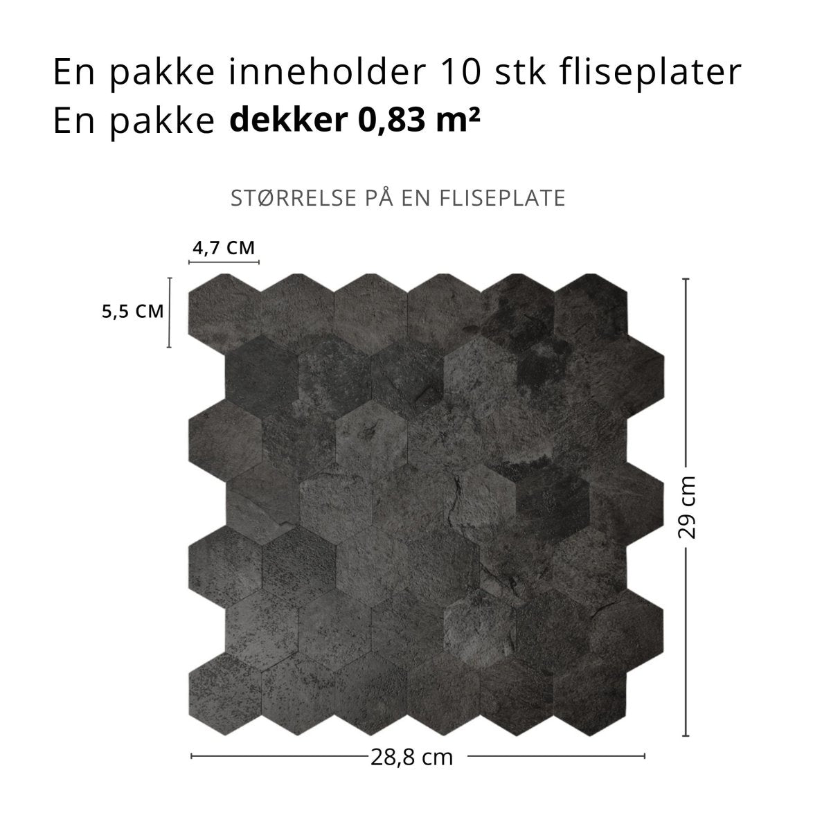 10 - pk Hexagon mørkegrå betong selvklebende veggfliser - Lindas Dekor