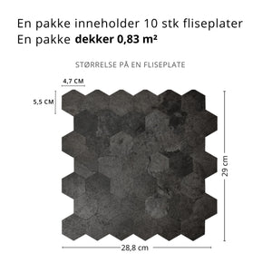 10-pk Hexagon mørkegrå betong selvklebende veggfliser