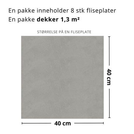 Produktark med mål og informasjon for Berlin betong selvklebende fliser.