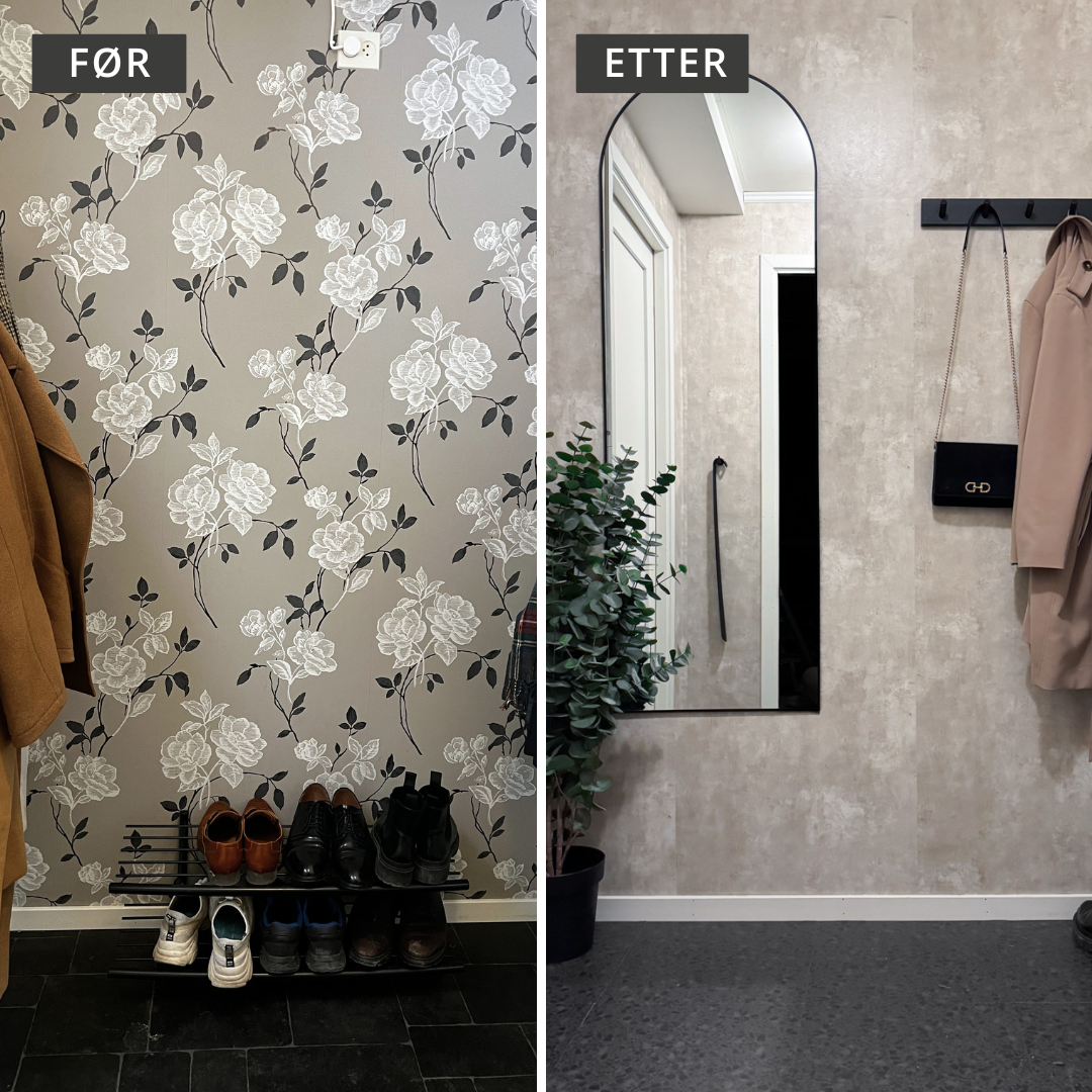 Før og etter – blomstrete tapet erstattet med beige selvklebende kalkmaling tapet i gang