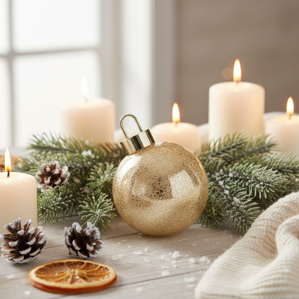 Julekule i gullfarget glass med LED-lys, omgitt av granbar og tente lys på bord.