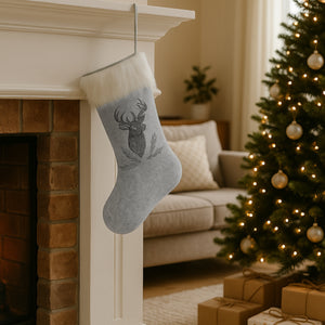 Grå julestrømpe i filt med reinsdyrmotiv og hvit pelskant, hengende på peis ved juletre pyntet med lys og julekuler.