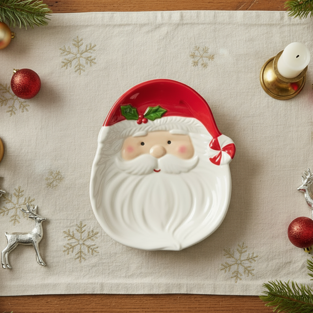 Tallerken formet som nissefar med rød lue og hvitt skjegg