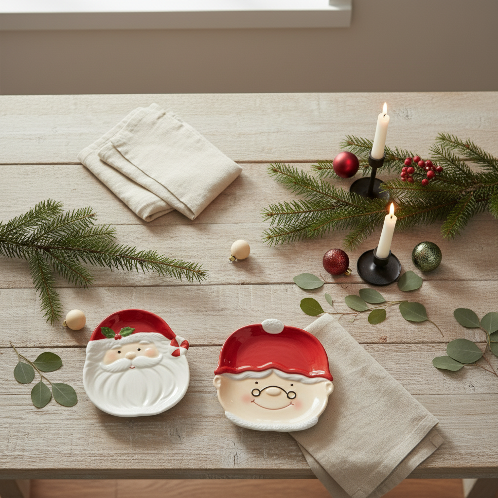 Tallerkener formet som nisseansikter brukt til servering av julekaker