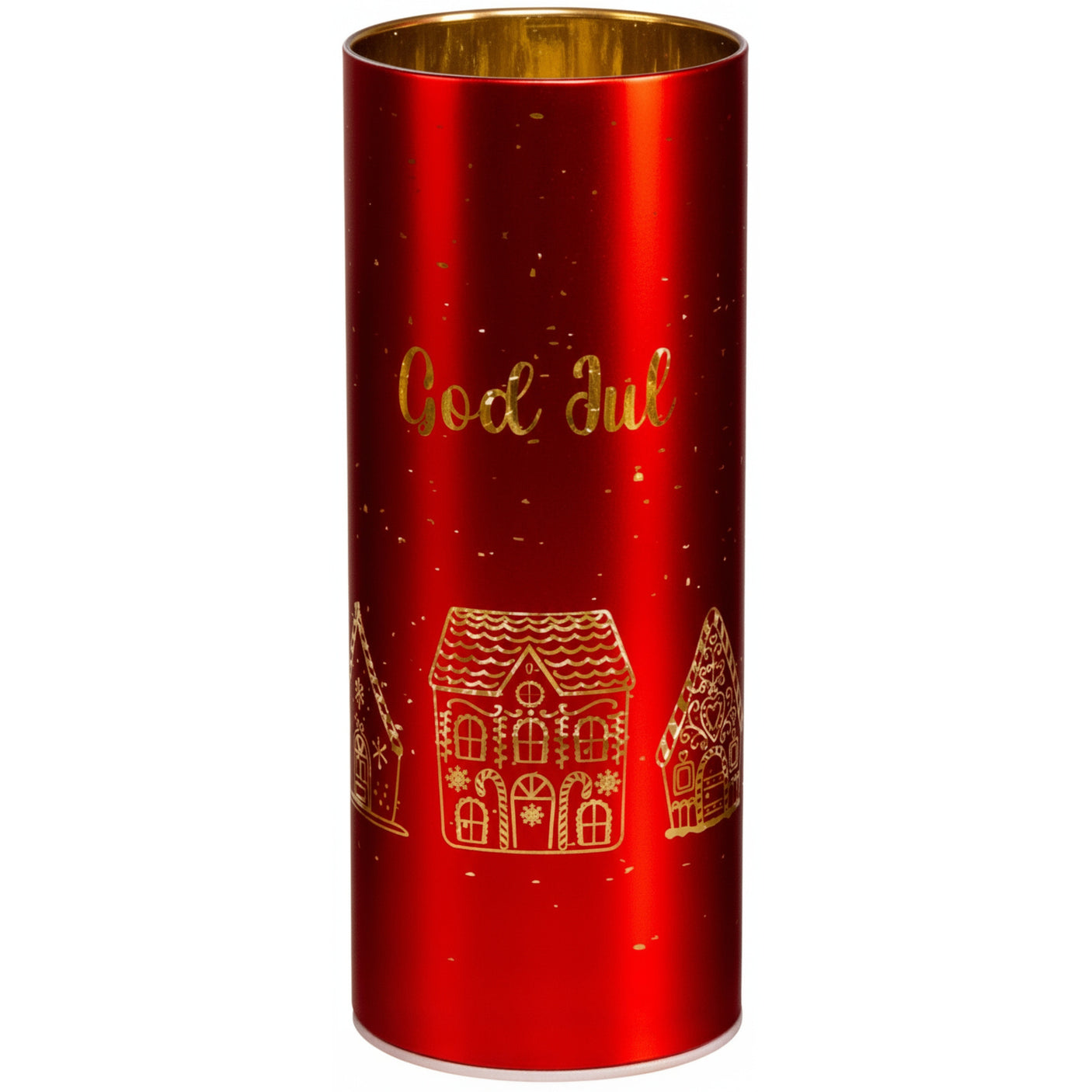 Rød lyslykt med motiv av pepperkakeby og teksten God Jul