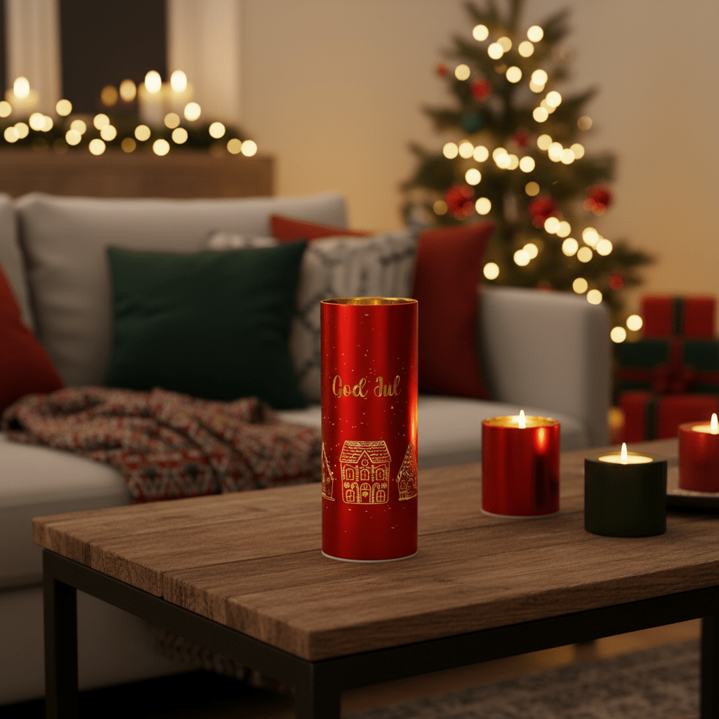 Lyslykt LED God Jul rød 8 x 20cm - Lindas Dekor