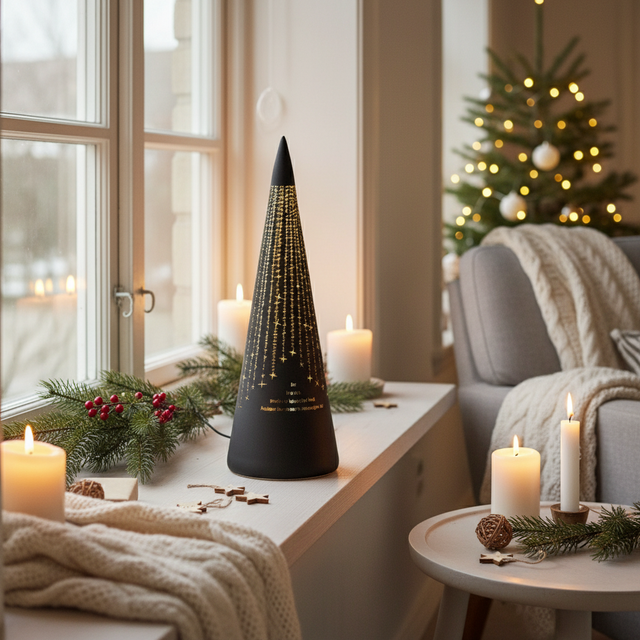 LED-lykt med gyllen glød i sort kjegle på julebord