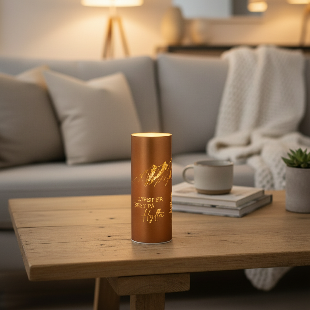 Lyslykt i metall med gyllen glød og norsk naturdesign