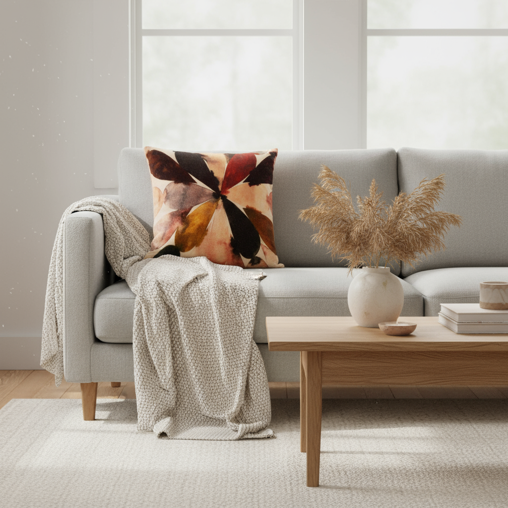 Fargerikt putetrekk i velur – brun, rust og oker toner