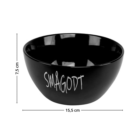 Svart keramisk skål med teksten "Smågodt", måler 15,5 cm i diameter og 7,5 cm høy.