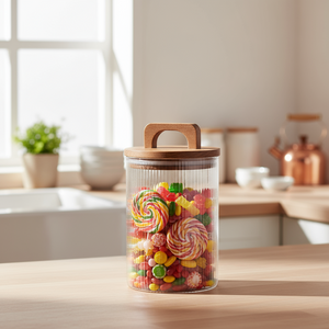 Praktisk glasskrukke med lokk i acaciatre. Perfekt til oppbevaring av tørrvarer som pasta, nøtter, kaffe og havregryn. Krukken rommer 900 ml