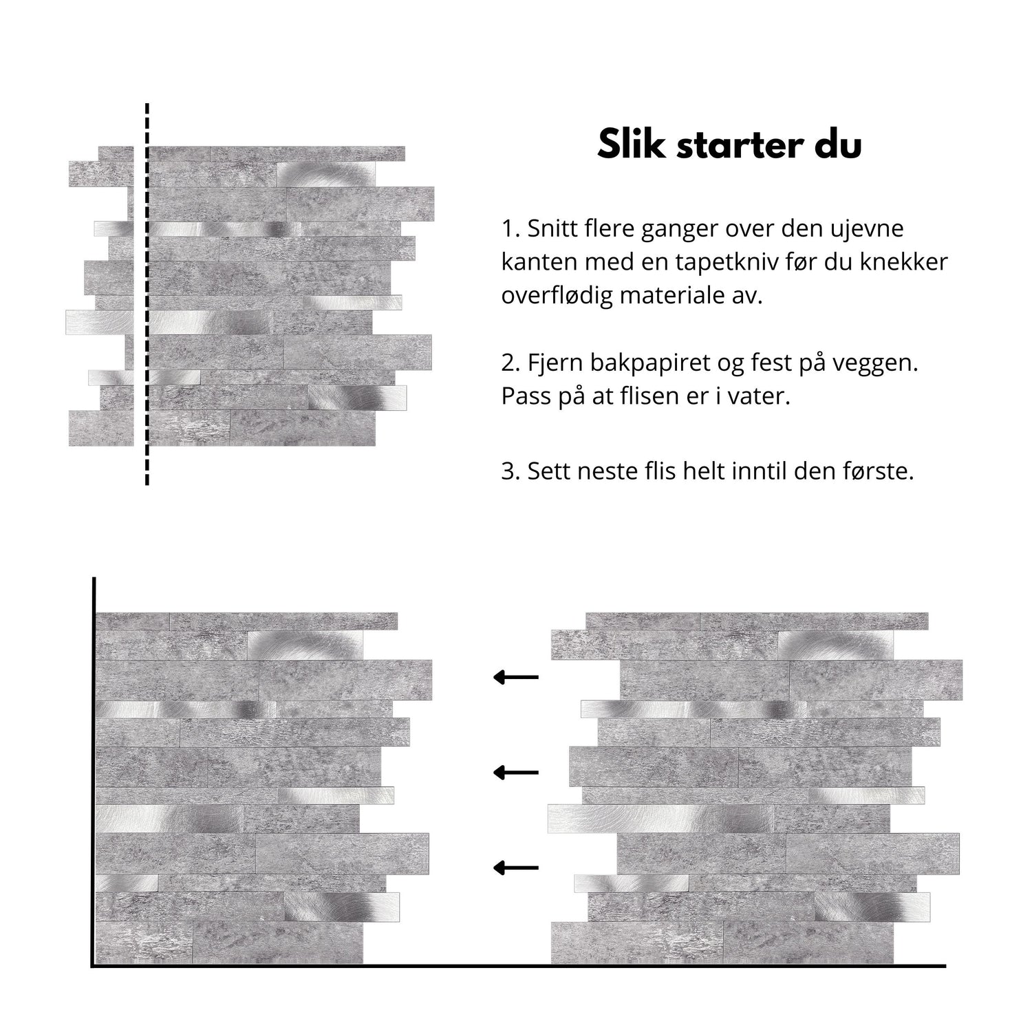 Store selvklebende veggfliser i lys grå stein for enkel montering