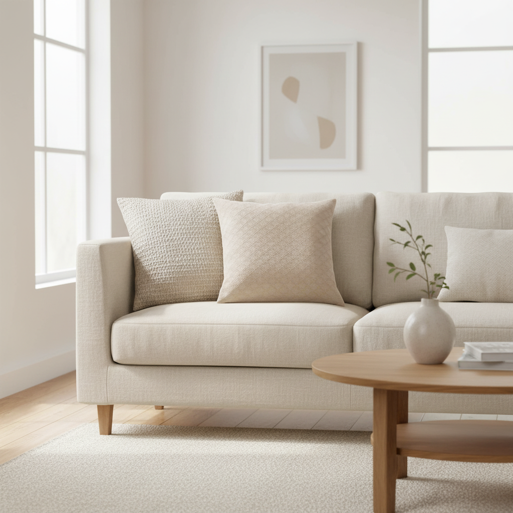 putetrekk med strukturert stoff i grå farge