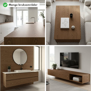 Kollasj som viser London Oak kontaktplast brukt på kjøkkenbenk, sofabord, baderomsinnredning og TV-benk – naturtro eikedesign i moderne, nordiske hjem.