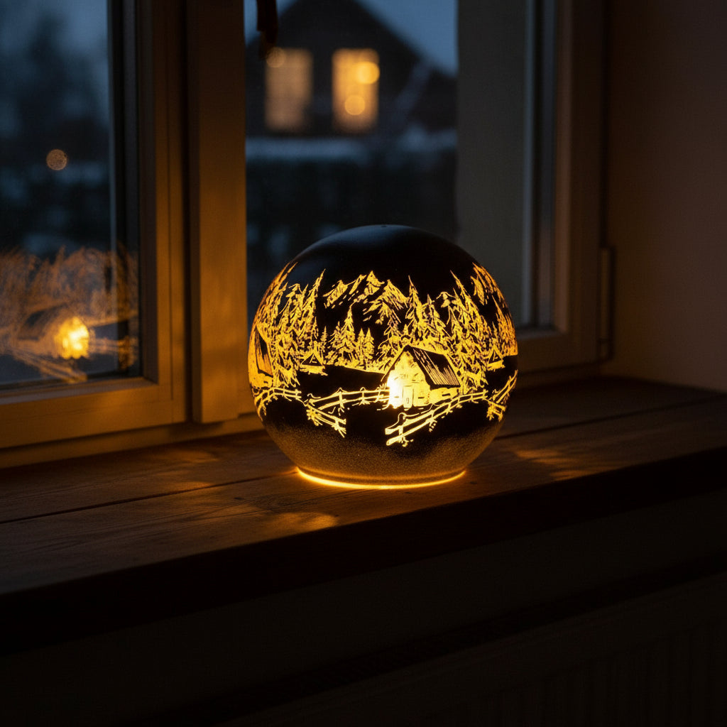 Rund dekorlampe med inngravert motiv av hytte, fjell og skog i varmt lys.