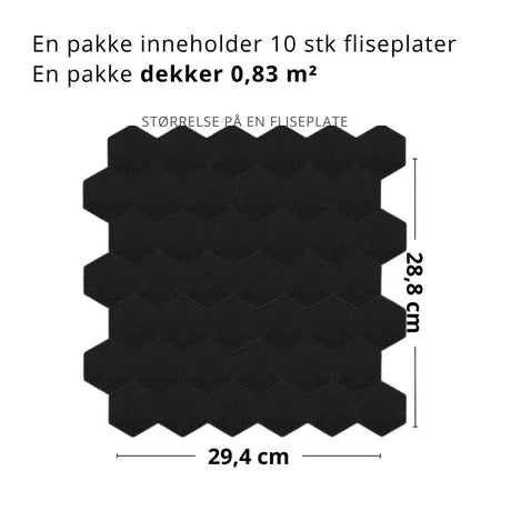 10 - pk Hexagon sort matt selvklebende veggfliser - Lindas Dekor