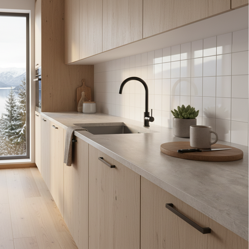 Limewash beige kontaktplast på benkeplate på et nordisk kjøkken