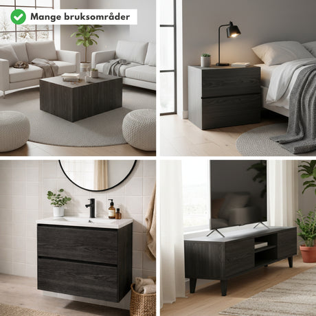 Oppgradert baderomsinnredning med svart tredekor folie på skapfronter