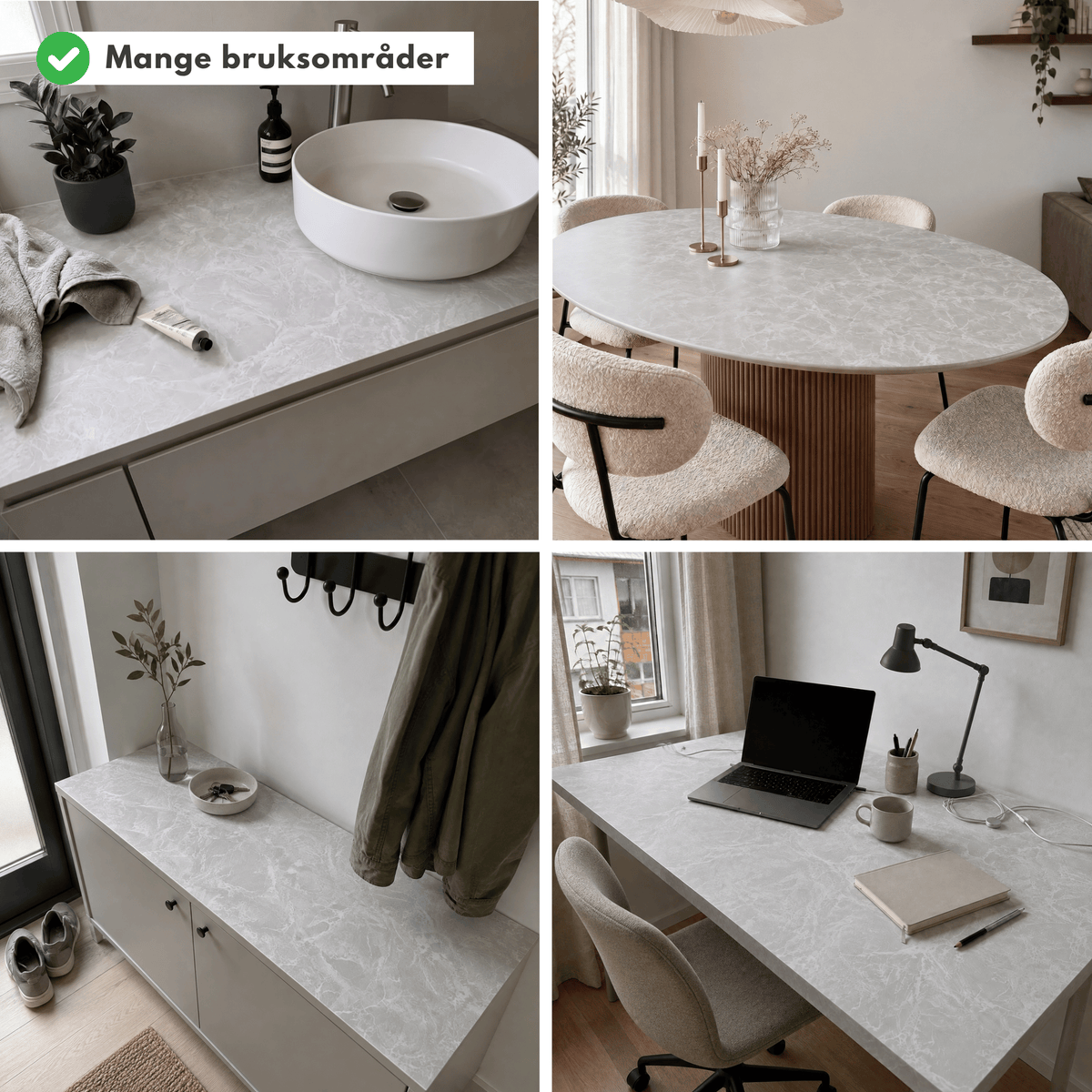 Bruksområder for Limestone mist kontaktplast: baderomsbenk, spisebord, kommode i entré og skrivebord i lys grå stein