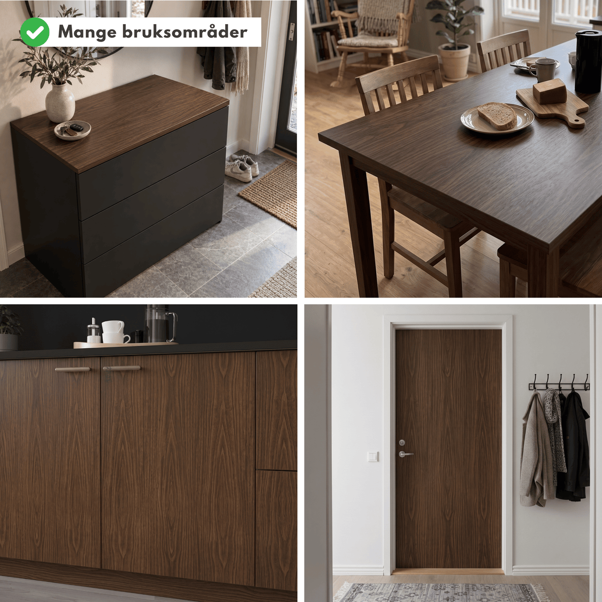 Walnut mocha kontaktplast på skjenk, spisebord, kjøkkenskap og dør