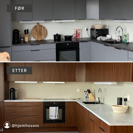 Valnøtt trefolie detalj – imiterer ekte valnøtt med naturlig tekstur. før etter