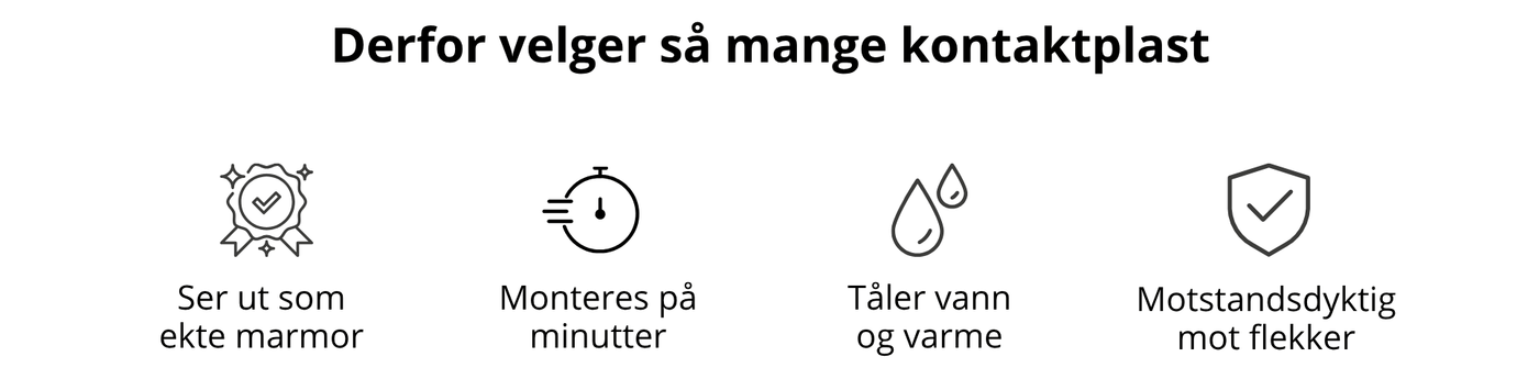 Fordeler med marmorkontaktplast: ser ut som ekte marmor, monteres på få minutter, tåler vann og varme samt er motstandsdyktig mot flekker.