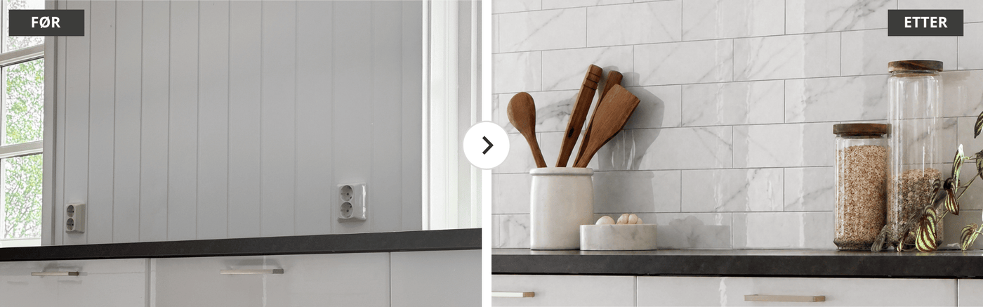 Før og etter kjøkkenvegg med EasyTiles Pro i hvit marmordesign som forvandler en malt vegg til en elegant kjøkkenvegg med flisuttrykk