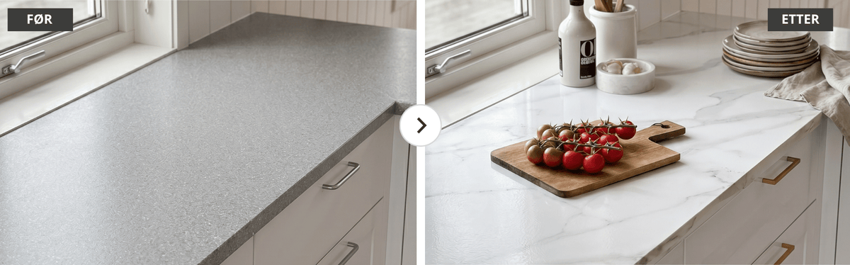 Før- og etterbilde av kjøkkenbenkeplate oppgradert med marmorkontaktplast – mørk laminat forvandlet til eksklusiv marmoreffekt.