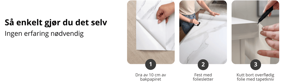 Steg-for-steg montering av marmorkontaktplast på benkeplate – trekk av bakpapiret, fest folien og kutt bort overflødig materiale.