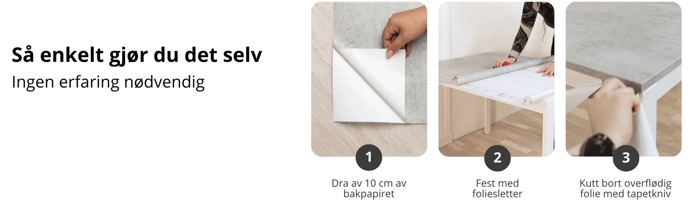 Steg-for-steg guide til montering av betongkontaktplast – trekk av bakpapiret, fest folien og kutt bort overflødig materiale.