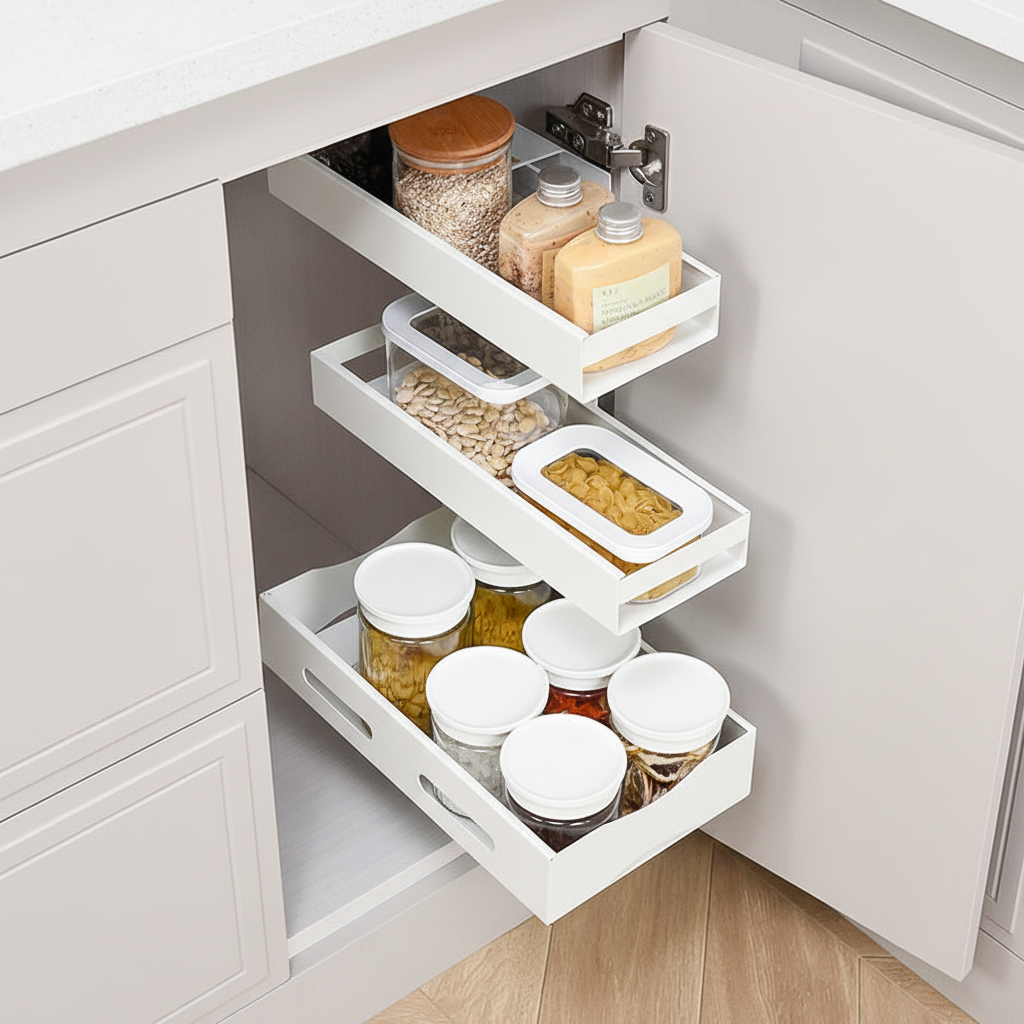 Hvit smal oppbevaringshylle med uttrekk for bedre oversikt i skap