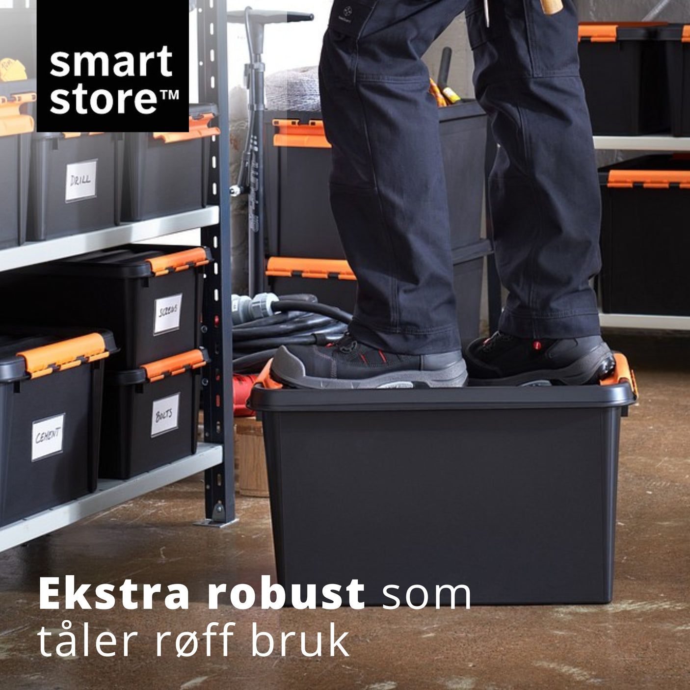 Ekstra robust SmartStore oppbevaringsboks som tåler tung belastning i verksted