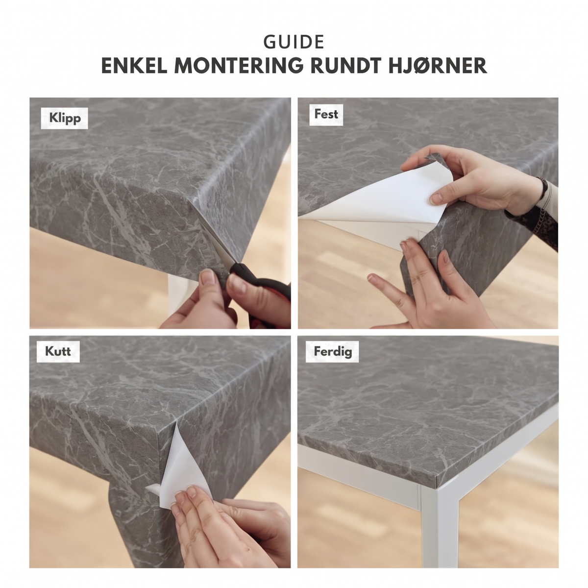 Monteringsguide for Limestone antrasitt kontaktplast rundt hjørner i fire steg: klipp, fest, kutt, ferdig